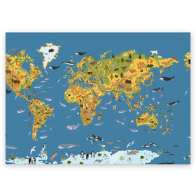 Поздравительная открытка с принтом Карта мира в Петрозаводске, 100% бумага | плотность бумаги 280 г/м2, матовая, на обратной стороне линовка и место для марки
 | азия | акулы | америка | антарктида | бизон | волк | европа | животные | зебра | кабан | карта | киты | лама | лев | лось | материки | медведь | мира | моржи | моря | океаны | пингвины | птицы | реки | рыбы