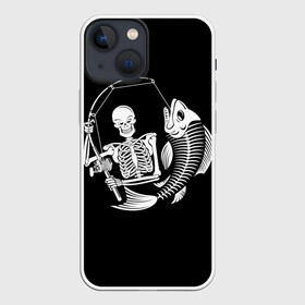 Чехол для iPhone 13 mini с принтом Fishing в Петрозаводске,  |  | death | fish | fisherman | fishing | halloween | holiday | skeletons | spinning | symbol | графика | иллюстрация | картинка | леска | мода | праздник | рисунок | рыба | рыбак | рыбалка | символ | скелеты | спиннинг | стиль | трафарет | фон