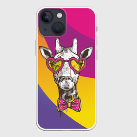 Чехол для iPhone 13 mini с принтом Праздничный жираф в Петрозаводске,  |  | бабочка | животное | жираф | модный | очки | праздничный | рожки | сердечки | хипстер | шея