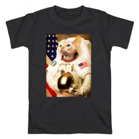 Мужская футболка хлопок с принтом Cat Astronaut в Петрозаводске, 100% хлопок | прямой крой, круглый вырез горловины, длина до линии бедер, слегка спущенное плечо. | nasa | space | америка | армстронг | астронавт | вселенная | киса | киска | космонавт | космос | кот | котейка | котенок | котэ | котя | кошка | лысый | полет | сфинкс