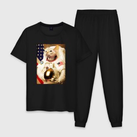 Мужская пижама хлопок с принтом Cat Astronaut в Петрозаводске, 100% хлопок | брюки и футболка прямого кроя, без карманов, на брюках мягкая резинка на поясе и по низу штанин
 | nasa | space | америка | армстронг | астронавт | вселенная | киса | киска | космонавт | космос | кот | котейка | котенок | котэ | котя | кошка | лысый | полет | сфинкс