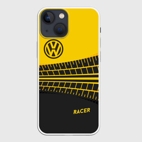 Чехол для iPhone 13 mini с принтом Volkswagen в Петрозаводске,  |  | racer | авто | автолюбитель. volkswagen | гонщик | желто черная | колесо | машина | след | фольксваген | шина