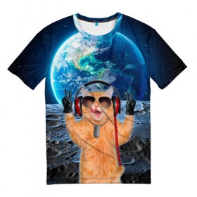 Мужская футболка 3D с принтом Кот на луне в Петрозаводске, 100% полиэфир | прямой крой, круглый вырез горловины, длина до линии бедер | cat | астрономия | в космосе | в наушниках | в очках | грозовой кошак | животные | звезды | земля | илон маск | космическая | космонавт | космос | кот | котейка | котики | луна | луноход | на фоне земли