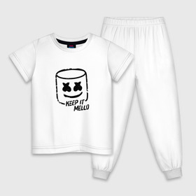 Детская пижама хлопок с принтом Keep It Mello в Петрозаводске, 100% хлопок |  брюки и футболка прямого кроя, без карманов, на брюках мягкая резинка на поясе и по низу штанин
 | Тематика изображения на принте: marshmallow | marshmello | диджей | маршмэллоу | музыка