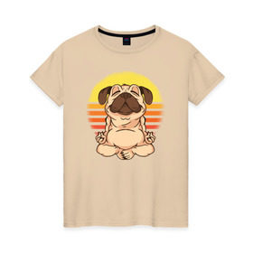 Женская футболка хлопок с принтом Мопс Йога в Петрозаводске, 100% хлопок | прямой крой, круглый вырез горловины, длина до линии бедер, слегка спущенное плечо | dog | pug | yoga | йога | медитация | мопс | мопсы | собака | собаки | фитнес