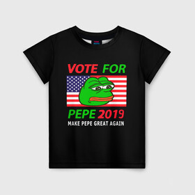 Детская футболка 3D с принтом Vote for pepe в Петрозаводске, 100% гипоаллергенный полиэфир | прямой крой, круглый вырез горловины, длина до линии бедер, чуть спущенное плечо, ткань немного тянется | bad | dab | frog | good | kek | make pepe great again | pepe | sad | sad frog | vote for pepe | кек | лягушка | мем | мемы | пепе | со смыслом | фрог