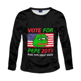 Женский лонгслив 3D с принтом Vote for pepe в Петрозаводске, 100% полиэстер | длинные рукава, круглый вырез горловины, полуприлегающий силуэт | bad | dab | frog | good | kek | make pepe great again | pepe | sad | sad frog | vote for pepe | кек | лягушка | мем | мемы | пепе | со смыслом | фрог