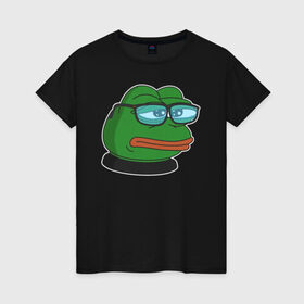Женская футболка хлопок с принтом Pepe в Петрозаводске, 100% хлопок | прямой крой, круглый вырез горловины, длина до линии бедер, слегка спущенное плечо | bad | dab | frog | good | kek | make pepe great again | pepe | sad | sad frog | vote for pepe | кек | лягушка | мем | мемы | пепе | со смыслом | фрог