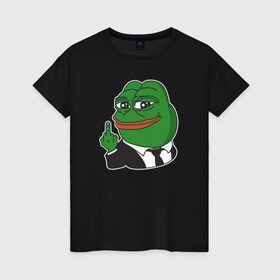 Женская футболка хлопок с принтом Pepe в Петрозаводске, 100% хлопок | прямой крой, круглый вырез горловины, длина до линии бедер, слегка спущенное плечо | bad | dab | frog | good | kek | make pepe great again | pepe | sad | sad frog | vote for pepe | кек | лягушка | мем | мемы | пепе | со смыслом | фрог