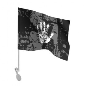 Флаг для автомобиля с принтом Stop в Петрозаводске, 100% полиэстер | Размер: 30*21 см | Тематика изображения на принте: black | caution | gray | halloween | hand | skeleton | skull | stop | white | белый | предупреждение | рука | серый | скелет | хэллоуин | череп | черный