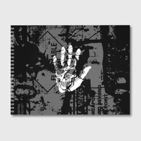 Альбом для рисования с принтом Stop в Петрозаводске, 100% бумага
 | матовая бумага, плотность 200 мг. | black | caution | gray | halloween | hand | skeleton | skull | stop | white | белый | предупреждение | рука | серый | скелет | хэллоуин | череп | черный
