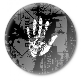 Значок с принтом Stop в Петрозаводске,  металл | круглая форма, металлическая застежка в виде булавки | Тематика изображения на принте: black | caution | gray | halloween | hand | skeleton | skull | stop | white | белый | предупреждение | рука | серый | скелет | хэллоуин | череп | черный