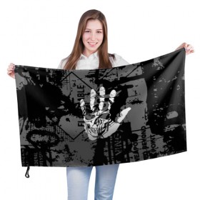Флаг 3D с принтом Stop в Петрозаводске, 100% полиэстер | плотность ткани — 95 г/м2, размер — 67 х 109 см. Принт наносится с одной стороны | black | caution | gray | halloween | hand | skeleton | skull | stop | white | белый | предупреждение | рука | серый | скелет | хэллоуин | череп | черный