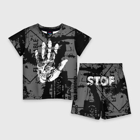 Детский костюм с шортами 3D с принтом Stop Covid 19 в Петрозаводске,  |  | black | caution | gray | halloween | hand | skeleton | skull | stop | white | белый | предупреждение | рука | серый | скелет | хэллоуин | череп | черный