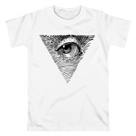 Мужская футболка хлопок с принтом eye в Петрозаводске, 100% хлопок | прямой крой, круглый вырез горловины, длина до линии бедер, слегка спущенное плечо. | black | eye | minimalism | money | philosophy | pyramid | raster | supreme | usa | white | белый | глаз | деньги | доллар | минимализм | пирамида | растр | сша | философия | черный