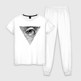 Женская пижама хлопок с принтом eye в Петрозаводске, 100% хлопок | брюки и футболка прямого кроя, без карманов, на брюках мягкая резинка на поясе и по низу штанин | black | eye | minimalism | money | philosophy | pyramid | raster | supreme | usa | white | белый | глаз | деньги | доллар | минимализм | пирамида | растр | сша | философия | черный