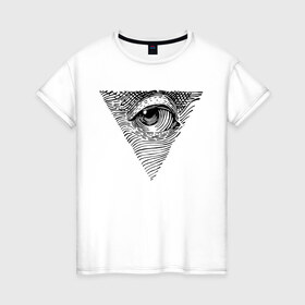 Женская футболка хлопок с принтом eye в Петрозаводске, 100% хлопок | прямой крой, круглый вырез горловины, длина до линии бедер, слегка спущенное плечо | black | eye | minimalism | money | philosophy | pyramid | raster | supreme | usa | white | белый | глаз | деньги | доллар | минимализм | пирамида | растр | сша | философия | черный