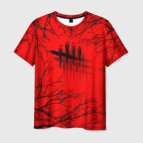 Мужская футболка 3D с принтом Dead by Daylight в Петрозаводске, 100% полиэфир | прямой крой, круглый вырез горловины, длина до линии бедер | dead by daylight | ветки | деад бай деад лайт | деревья | жуть | игра | компьютерная игра | красный | красный и черный | кровь | ужасы | черный