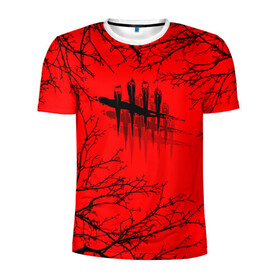 Мужская футболка 3D спортивная с принтом Dead by Daylight в Петрозаводске, 100% полиэстер с улучшенными характеристиками | приталенный силуэт, круглая горловина, широкие плечи, сужается к линии бедра | dead by daylight | ветки | деад бай деад лайт | деревья | жуть | игра | компьютерная игра | красный | красный и черный | кровь | ужасы | черный