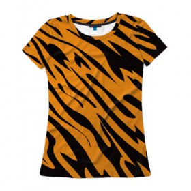 Женская футболка 3D с принтом Тигр в Петрозаводске, 100% полиэфир ( синтетическое хлопкоподобное полотно) | прямой крой, круглый вырез горловины, длина до линии бедер | животное | зверь | кардашьян | ким | кот | лев | оранжевый | полосы | рыжий | тигр | черный