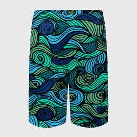 Детские спортивные шорты 3D с принтом Морская пучина в Петрозаводске,  100% полиэстер
 | пояс оформлен широкой мягкой резинкой, ткань тянется
 | абстракция | волны | зеленый | круг | линии | море | полосы | синий