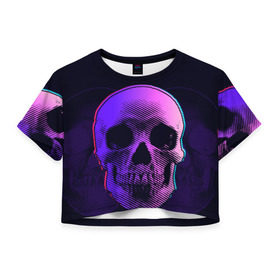 Женская футболка 3D укороченная с принтом Токсичный череп в Петрозаводске, 100% полиэстер | круглая горловина, длина футболки до линии талии, рукава с отворотами | 3d | 3д | голограмма | иллюзия | кости | розовый | синий | скелет | ультра | фиолетовый | череп | черный