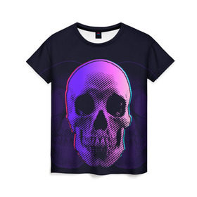 Женская футболка 3D с принтом Токсичный череп в Петрозаводске, 100% полиэфир ( синтетическое хлопкоподобное полотно) | прямой крой, круглый вырез горловины, длина до линии бедер | 3d | 3д | голограмма | иллюзия | кости | розовый | синий | скелет | ультра | фиолетовый | череп | черный