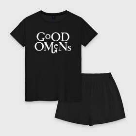 Женская пижама с шортиками хлопок с принтом Good Omens в Петрозаводске, 100% хлопок | футболка прямого кроя, шорты свободные с широкой мягкой резинкой | Тематика изображения на принте: david | good | michael | omens | sheen | tennant | азирафель | ангел | благие | демон | дэвид | знамения | кроули | майкл | падший | теннант | шин