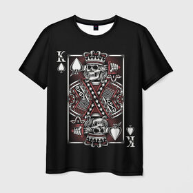 Мужская футболка 3D с принтом Король пик в Петрозаводске, 100% полиэфир | прямой крой, круглый вырез горловины, длина до линии бедер | Тематика изображения на принте: game | king | poker | spades | suit | графика | игра | игральная | иллюстрация | казино | карта | картинка | коллаж | король | корона | мантия | масть | мода | орнамент | пики | покер | разбросаны | рисунок | символ