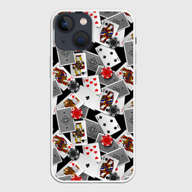 Чехол для iPhone 13 mini с принтом Игральные карты в Петрозаводске,  |  | буны | вольты | графика | дамы | десятки | игра | игральные | иллюстрация | казино | картинка | карты | коллаж | короли | красные | крести | масть | мода | орнамент | пики | покер | разбросаны | рисунок