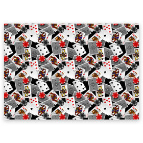 Поздравительная открытка с принтом Игральные карты в Петрозаводске, 100% бумага | плотность бумаги 280 г/м2, матовая, на обратной стороне линовка и место для марки
 | буны | вольты | графика | дамы | десятки | игра | игральные | иллюстрация | казино | картинка | карты | коллаж | короли | красные | крести | масть | мода | орнамент | пики | покер | разбросаны | рисунок