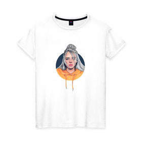 Женская футболка хлопок с принтом Billie Eilish в Петрозаводске, 100% хлопок | прямой крой, круглый вырез горловины, длина до линии бедер, слегка спущенное плечо | Тематика изображения на принте: music | pop | айлиш | билли | музыка