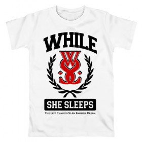 Мужская футболка хлопок с принтом While She Sleeps в Петрозаводске, 100% хлопок | прямой крой, круглый вырез горловины, длина до линии бедер, слегка спущенное плечо. | sleeps | while she sleeps | you are we | группы | метал | музыка | рок