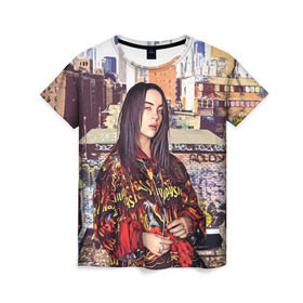 Женская футболка 3D с принтом Billie Eilish в Петрозаводске, 100% полиэфир ( синтетическое хлопкоподобное полотно) | прямой крой, круглый вырез горловины, длина до линии бедер | билли айлиш | певица