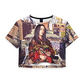 Женская футболка 3D укороченная с принтом Billie Eilish в Петрозаводске, 100% полиэстер | круглая горловина, длина футболки до линии талии, рукава с отворотами | билли айлиш | певица