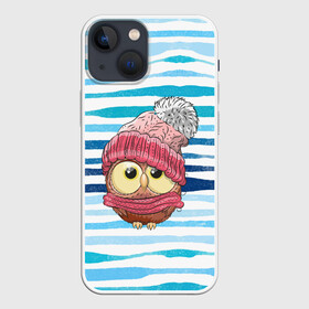 Чехол для iPhone 13 mini с принтом Сова в шапке в Петрозаводске,  |  | глазастик | звездочки | зима | зимняя | лапки | маленькая | милая | милый | птенец | птичка | пушистик | сердечки | сова | совенок | совушка | шапка
