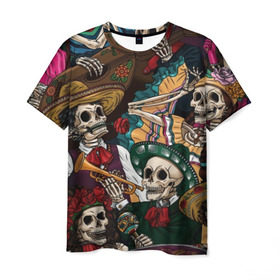 Мужская футболка 3D с принтом Мексиканская Вечеринка в Петрозаводске, 100% полиэфир | прямой крой, круглый вырез горловины, длина до линии бедер | party | амиго | маракасы | мексика | мехико | скелет | сомбреро | текила | черепа