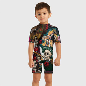 Детский купальный костюм 3D с принтом Мексиканская Вечеринка в Петрозаводске, Полиэстер 85%, Спандекс 15% | застежка на молнии на спине | party | амиго | маракасы | мексика | мехико | скелет | сомбреро | текила | черепа