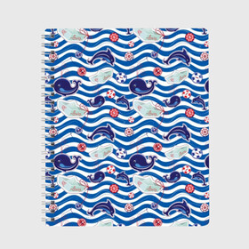 Тетрадь с принтом Киты и дельфины в Петрозаводске, 100% бумага | 48 листов, плотность листов — 60 г/м2, плотность картонной обложки — 250 г/м2. Листы скреплены сбоку удобной пружинной спиралью. Уголки страниц и обложки скругленные. Цвет линий — светло-серый
 | animals | background | boats | fashion | hearts | paper | sea | style | text | water | вода | волны | графика | дельфины | детский | иллюстрация | картинка | мода | море | морские | надпись | океан | орнамент | полоски | пуговицы | пунктир