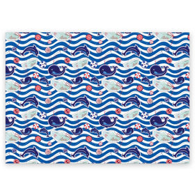 Поздравительная открытка с принтом Киты и дельфины в Петрозаводске, 100% бумага | плотность бумаги 280 г/м2, матовая, на обратной стороне линовка и место для марки
 | animals | background | boats | fashion | hearts | paper | sea | style | text | water | вода | волны | графика | дельфины | детский | иллюстрация | картинка | мода | море | морские | надпись | океан | орнамент | полоски | пуговицы | пунктир