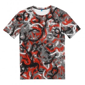 Мужская футболка 3D с принтом Сколопендры в Петрозаводске, 100% полиэфир | прямой крой, круглый вырез горловины, длина до линии бедер | камуфляж | красный | лапки | милитари | многоножка | насекомые | орнжевый | паттрен | серый | сороконожка | узор