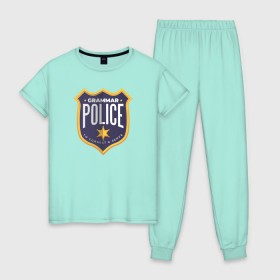 Женская пижама хлопок с принтом Полиция Грамматики в Петрозаводске, 100% хлопок | брюки и футболка прямого кроя, без карманов, на брюках мягкая резинка на поясе и по низу штанин | 