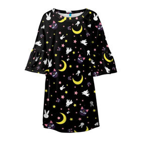 Детское платье 3D с принтом Sailor Moon Pattern в Петрозаводске, 100% полиэстер | прямой силуэт, чуть расширенный к низу. Круглая горловина, на рукавах — воланы | аниме | детский | зайчик | зая | звезды | кролик | луна в матроске | матросска | месяц | милота | милый | небо | паттерн | сейлор мун | черный