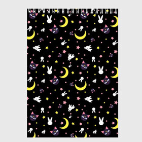 Скетчбук с принтом Sailor Moon Pattern в Петрозаводске, 100% бумага
 | 48 листов, плотность листов — 100 г/м2, плотность картонной обложки — 250 г/м2. Листы скреплены сверху удобной пружинной спиралью | аниме | детский | зайчик | зая | звезды | кролик | луна в матроске | матросска | месяц | милота | милый | небо | паттерн | сейлор мун | черный
