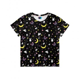 Детская футболка 3D с принтом Sailor Moon Pattern в Петрозаводске, 100% гипоаллергенный полиэфир | прямой крой, круглый вырез горловины, длина до линии бедер, чуть спущенное плечо, ткань немного тянется | аниме | детский | зайчик | зая | звезды | кролик | луна в матроске | матросска | месяц | милота | милый | небо | паттерн | сейлор мун | черный