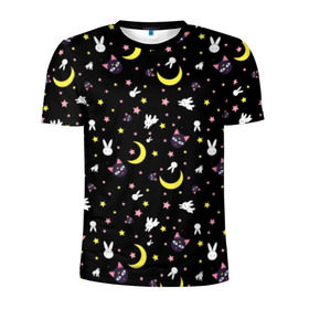 Мужская футболка 3D спортивная с принтом Sailor Moon Pattern в Петрозаводске, 100% полиэстер с улучшенными характеристиками | приталенный силуэт, круглая горловина, широкие плечи, сужается к линии бедра | аниме | детский | зайчик | зая | звезды | кролик | луна в матроске | матросска | месяц | милота | милый | небо | паттерн | сейлор мун | черный