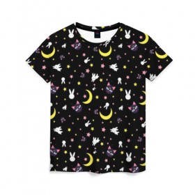 Женская футболка 3D с принтом Sailor Moon Pattern в Петрозаводске, 100% полиэфир ( синтетическое хлопкоподобное полотно) | прямой крой, круглый вырез горловины, длина до линии бедер | аниме | детский | зайчик | зая | звезды | кролик | луна в матроске | матросска | месяц | милота | милый | небо | паттерн | сейлор мун | черный