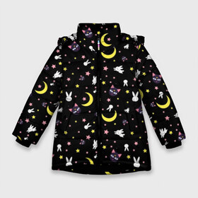 Зимняя куртка для девочек 3D с принтом Sailor Moon Pattern в Петрозаводске, ткань верха — 100% полиэстер; подклад — 100% полиэстер, утеплитель — 100% полиэстер. | длина ниже бедра, удлиненная спинка, воротник стойка и отстегивающийся капюшон. Есть боковые карманы с листочкой на кнопках, утяжки по низу изделия и внутренний карман на молнии. 

Предусмотрены светоотражающий принт на спинке, радужный светоотражающий элемент на пуллере молнии и на резинке для утяжки. | аниме | детский | зайчик | зая | звезды | кролик | луна в матроске | матросска | месяц | милота | милый | небо | паттерн | сейлор мун | черный