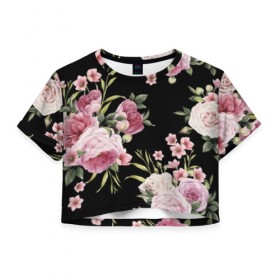Женская футболка 3D укороченная с принтом Пионы на Чёрном в Петрозаводске, 100% полиэстер | круглая горловина, длина футболки до линии талии, рукава с отворотами | букет | бутон | весна | красивый | лето | листья | пион | прекрасный | роза | розочка | цветок | цветы