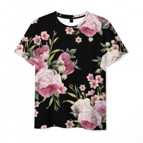 Мужская футболка 3D с принтом Пионы на Чёрном в Петрозаводске, 100% полиэфир | прямой крой, круглый вырез горловины, длина до линии бедер | букет | бутон | весна | красивый | лето | листья | пион | прекрасный | роза | розочка | цветок | цветы
